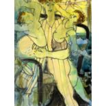 ELVET THOMAS mixed media - figure restraining two boys, entitled verso 'Boys', signed and dated '58,