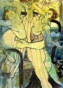 ELVET THOMAS mixed media - figure restraining two boys, entitled verso 'Boys', signed and dated '58,