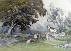 WALTER JAMES WEST (1882-1942) watercolour - three goats in a field with trees, old walls and gate,