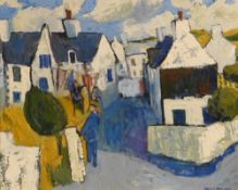 GWILYM PRICHARD oil on canvas - important example with figures in whitewashed village, entitled '