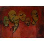 PAUL PETER PIECH mixed media - six standing figures with shaved heads, in predominantly red,