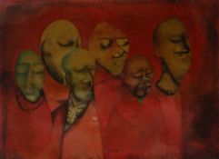 PAUL PETER PIECH mixed media - six standing figures with shaved heads, in predominantly red,