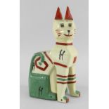 PORCELAIN LOUIS WAIN 'EGYPTIAN CAT' C.1920, a small figural vase modelled as a seated cat, red green