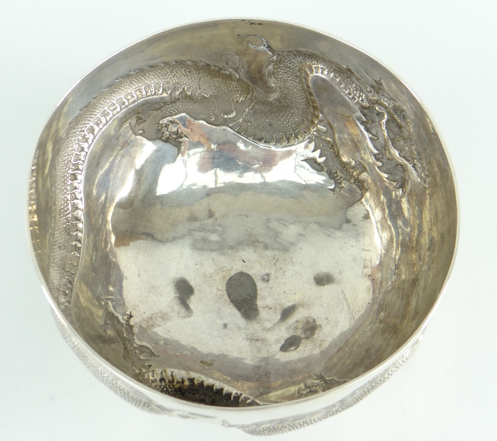 CHINESE SILVER BOWL BY CHEUNG SHING, c.1920, repousse decorated with a single four-clawed dragon - Image 3 of 4