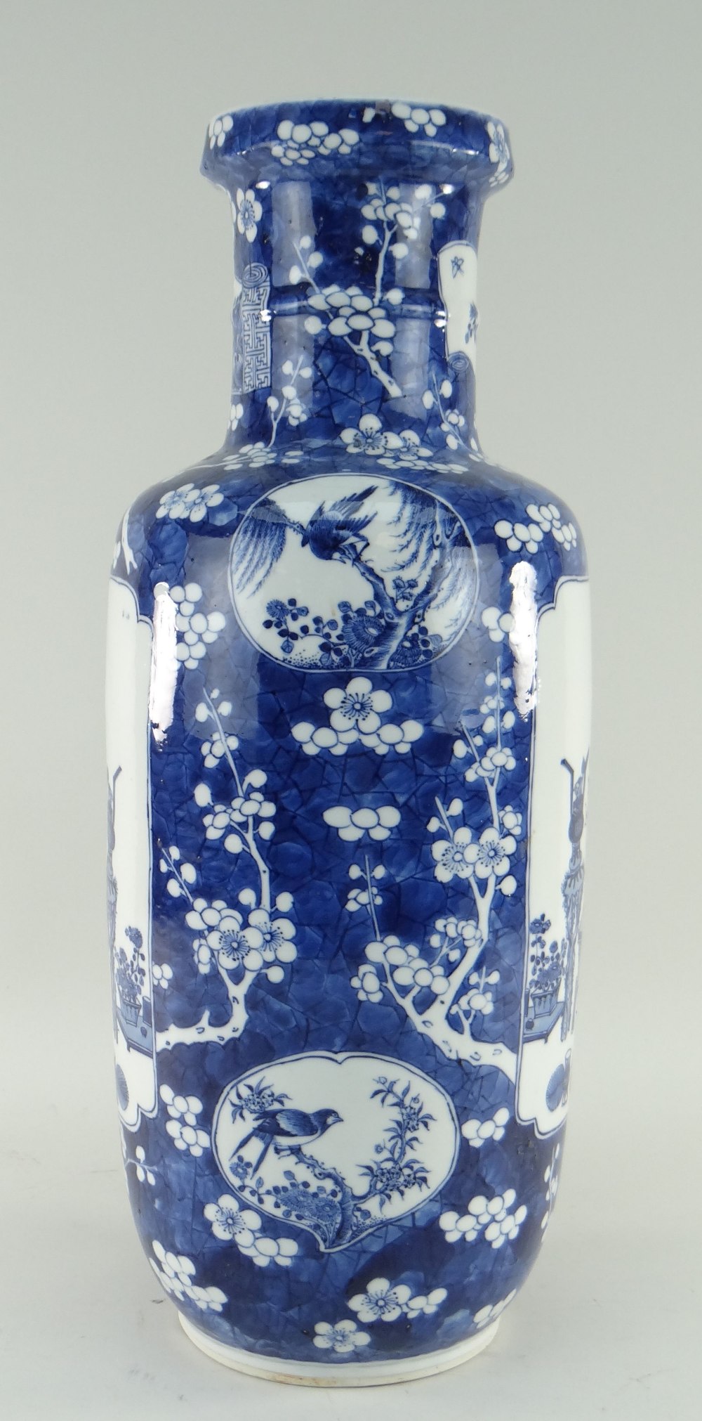 CHINESE BLUE & WHITE PORCELAIN ROULEAU VASE, 19TH CENTURY, painted with panels of antiques and - Image 5 of 18