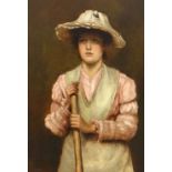 LATE 19TH CENTURY BRITISH SCHOOL oil on canvas - portrait of a lady in white with sun hat holding