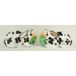 RARE PAIR OF VICTORIAN STAFFORDSHIRE POTTERY MODELS OF RABBITS, recumbent with lettuce leaves in