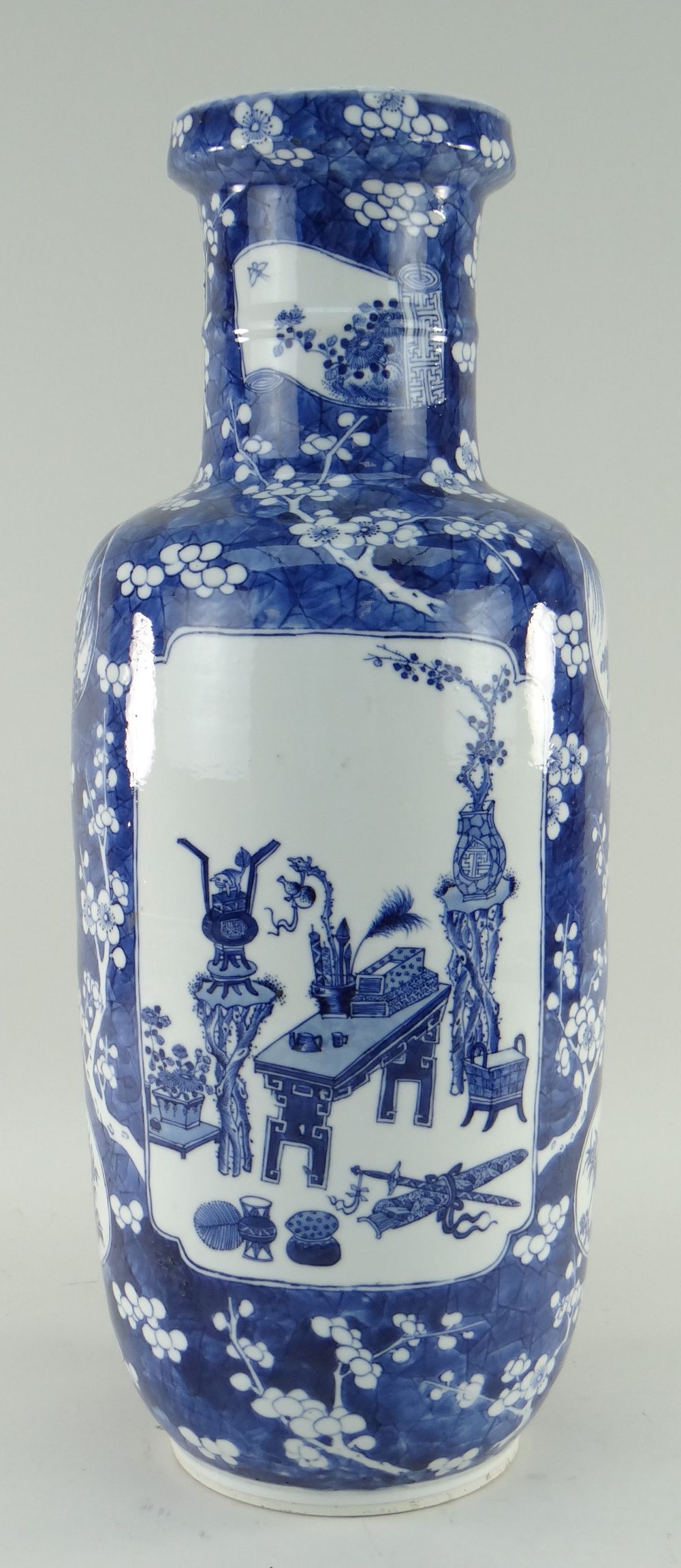 CHINESE BLUE & WHITE PORCELAIN ROULEAU VASE, 19TH CENTURY, painted with panels of antiques and - Image 6 of 18