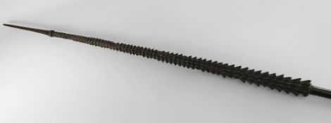 RARE FIJIAN SPEAR, tapering point carved with 66 tiers of barbs, slender conical tip, 275cms