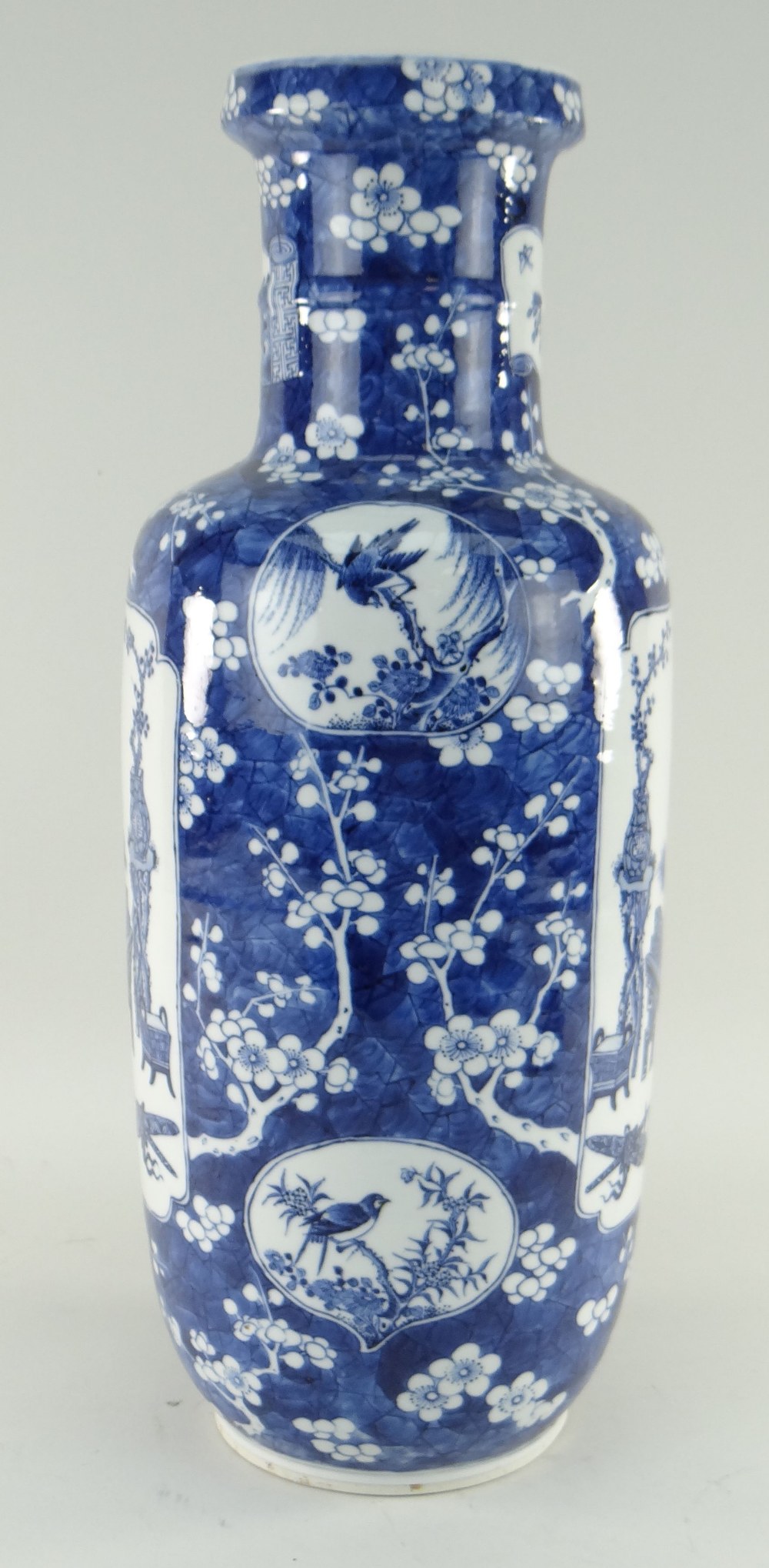 CHINESE BLUE & WHITE PORCELAIN ROULEAU VASE, 19TH CENTURY, painted with panels of antiques and - Image 7 of 18