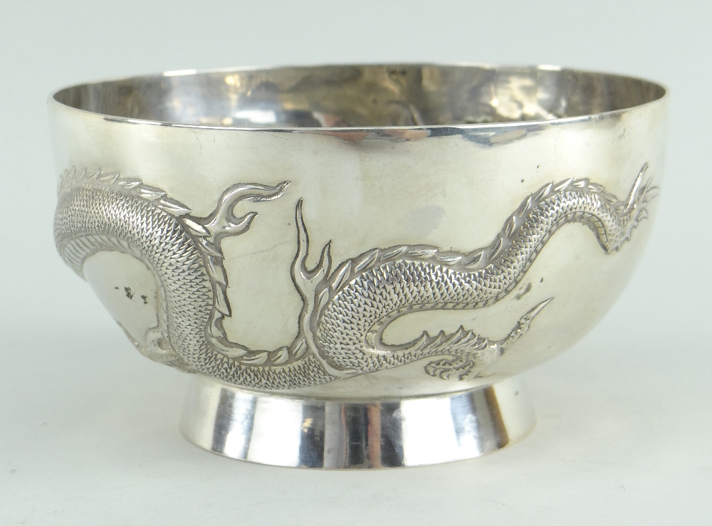 CHINESE SILVER BOWL BY CHEUNG SHING, c.1920, repousse decorated with a single four-clawed dragon - Image 2 of 4