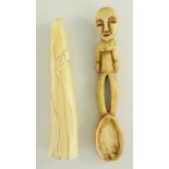 LEGA BONE SPOON, D. R. Congo, 20.5cms and a Vili carved tusk, 18cms (2)