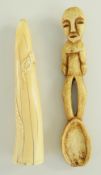 LEGA BONE SPOON, D. R. Congo, 20.5cms and a Vili carved tusk, 18cms (2)