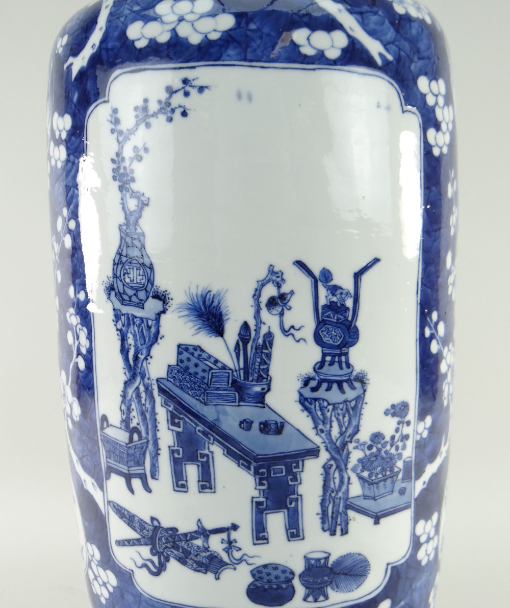 CHINESE BLUE & WHITE PORCELAIN ROULEAU VASE, 19TH CENTURY, painted with panels of antiques and - Image 3 of 18