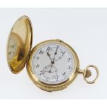 FINE 18K GOLD FULL HUNTER MINUTE REPEATER CHRONOGRAPH POCKET WATCH, c.1900, white enamel dial with