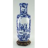 CHINESE BLUE & WHITE PORCELAIN ROULEAU VASE, 19TH CENTURY, painted with panels of antiques and