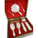 BOXED JAPANESE EXPORT SILVER VANITY OR DRESSING TABLE SET, MEIJI PERIOD c.1900 each piece