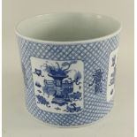 CHINESE BLUE & WHITE PORCELAIN BRUSH POT, bitong, painted with four square vignettes depicting '