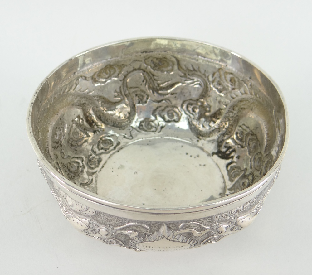 CHINESE SILVER BOWL BY TUCK CHANG, SHANGHAI c.1910, repousse decorated with two confronting four- - Image 3 of 3
