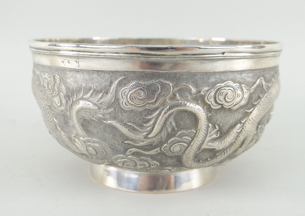 CHINESE SILVER BOWL BY TUCK CHANG, SHANGHAI c.1910, repousse decorated with two confronting four- - Image 2 of 3