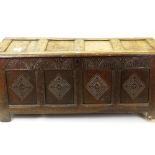 LATE 17TH CENTURY OAK COFFER, four panelled top above arcaded frieze and lozenge carved panelled