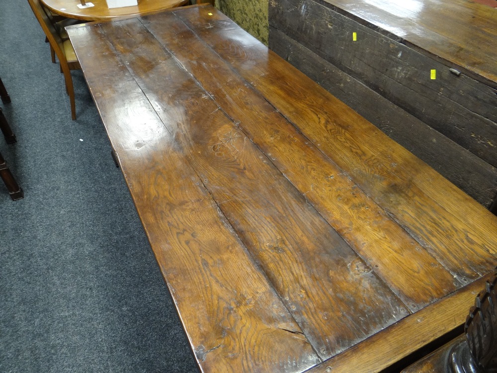 ANTIQUE ELM REFECTORY TABLE the four plank top with cleated ends on square baluster trestle end - Image 13 of 15