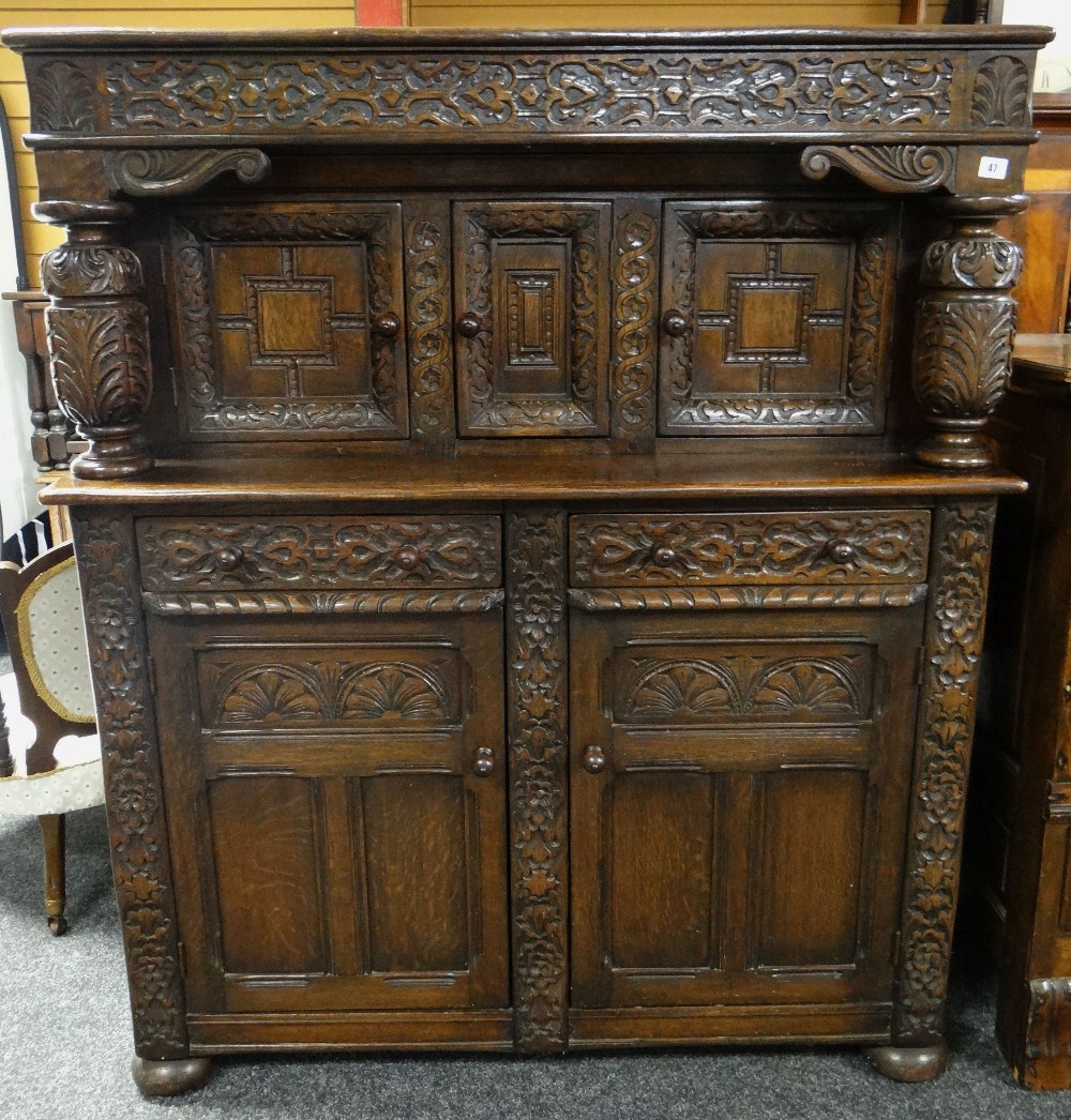 REPRODUCTION ELIZABETHAN-STYLE CARVED OAK COURT CUPBOARD, top section of three cupboards above - Image 2 of 4