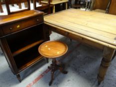 VICTORIAN PINE KITCHEN TABLE (with later top), small mahogany bookcase and tripod wine table (3)