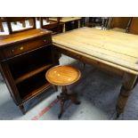 VICTORIAN PINE KITCHEN TABLE (with later top), small mahogany bookcase and tripod wine table (3)