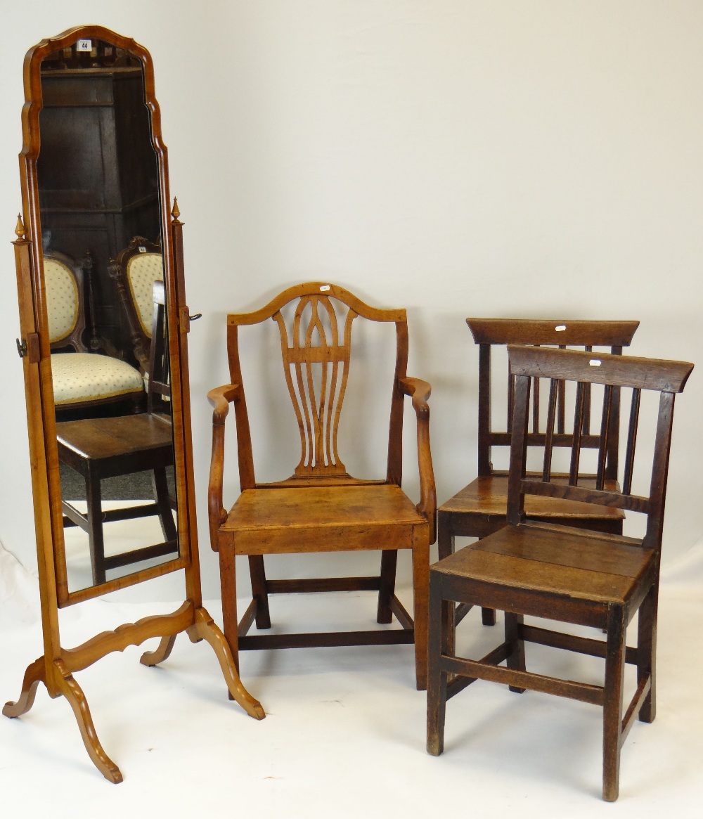 QUEEN ANNE-STYLE WALNUT CHEVAL MIRROR together with three country Georgian sycamore or oak chairs (