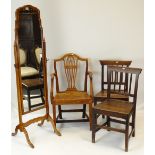 QUEEN ANNE-STYLE WALNUT CHEVAL MIRROR together with three country Georgian sycamore or oak chairs (