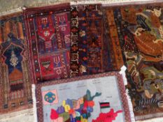 ASSORTED ORIENTAL SMALL TRIBAL RUGS including a Chikarghh abstract landscape rug, Baluch prayer rug,