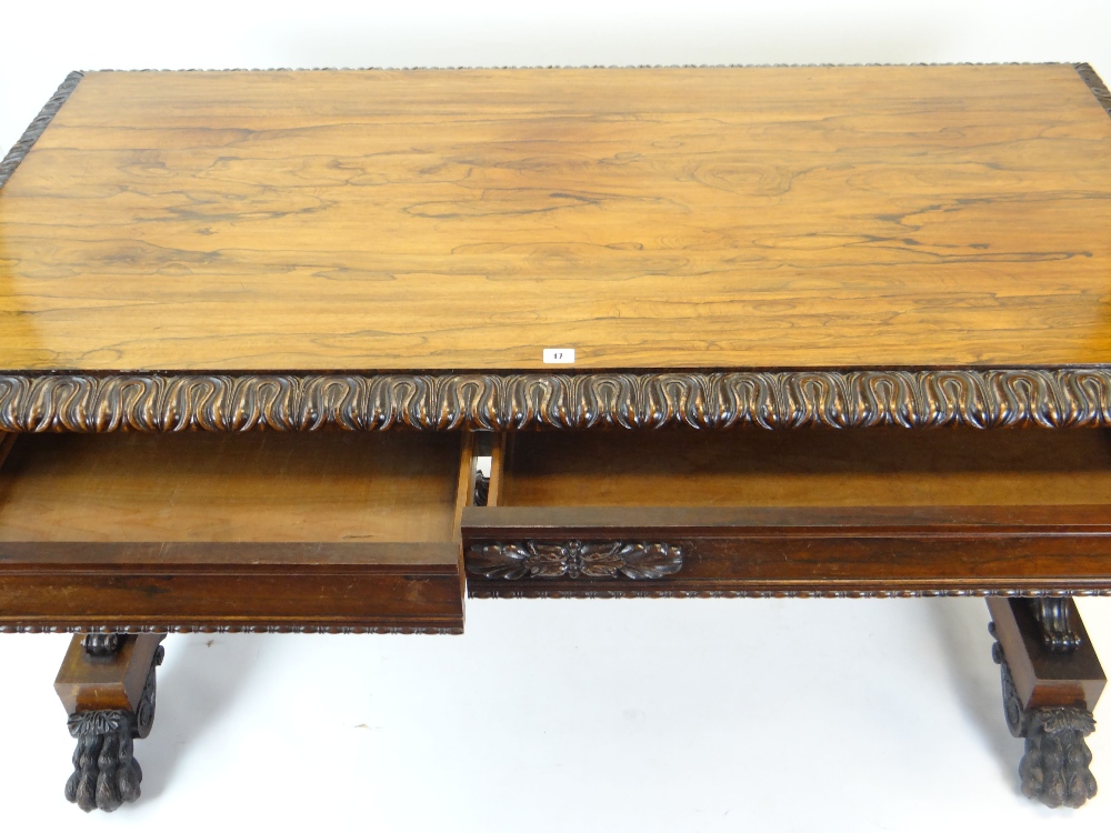 FINE GEORGE IV GILLOWS-STYLE ROSEWOOD CARVED LIBRARY TABLE, bold foliate carved and ebonised edge - Image 5 of 34