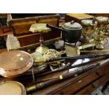 ASSORTED METALWARE including brass fire antiques, copper warming pans, cast iron trivets, enameled