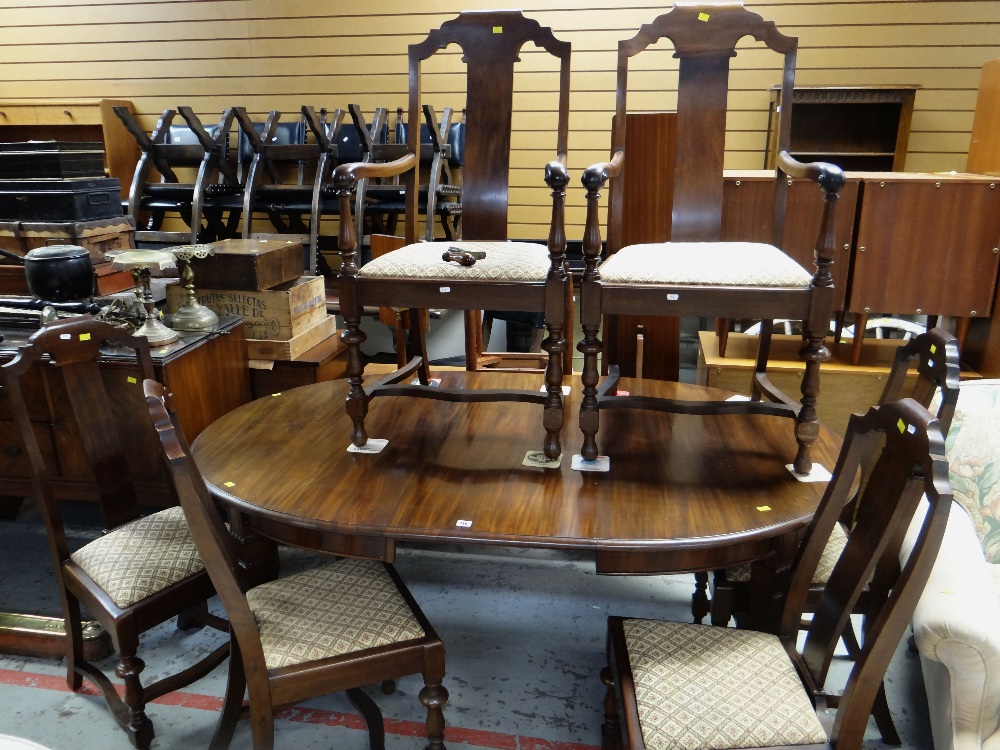 18TH CENTURY-STYLE STAINED WALNUT OVAL DINING TABLE & SET OF SIX DINING CHAIRS together with quarter