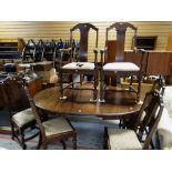 18TH CENTURY-STYLE STAINED WALNUT OVAL DINING TABLE & SET OF SIX DINING CHAIRS together with quarter