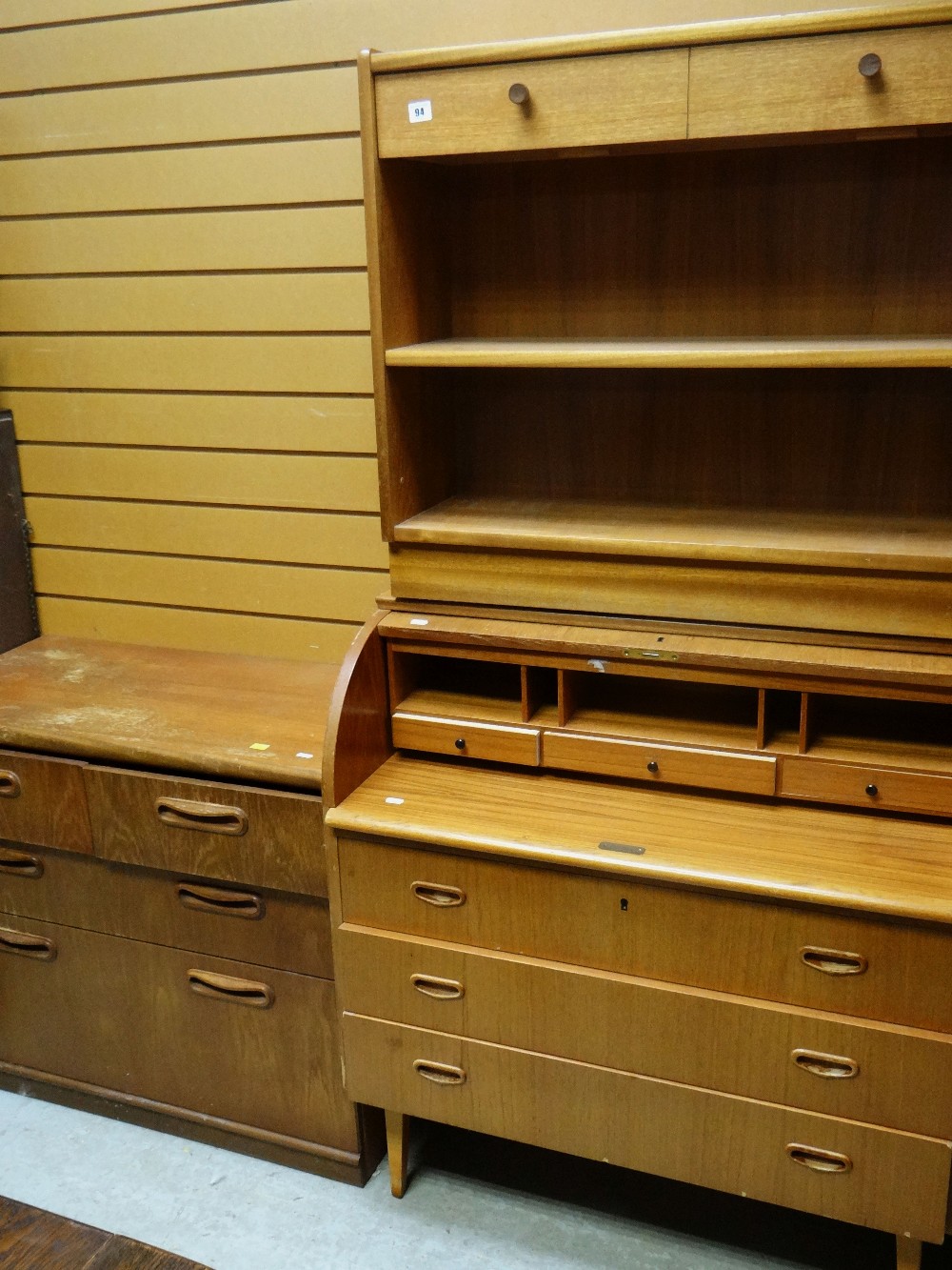 MID-CENTURY TEAK FURNITURE comprising four-drawer chest, bookcase and bureau (3)