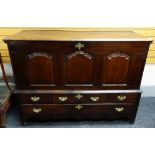 18TH CENTURY WELSH OAK MULE CHEST with later hinged panelled top, enclosing wine rack, triple