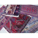 ASSORTED ORIENTAL TRIBAL SMALL RUGS including a Sejjadeh prayer rug, Afghan pictorial rug