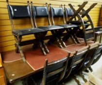 STAINED OAK 17TH CENTURY STYLE DINING TABLE AND CHAIRS, comprising refectory trestle table, 203cm