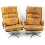 PAIR OF DANISH-STYLE MID-CENTURY LEATHER & CHROME STEEL ARMCHAIRS, tan leather quilt work back and