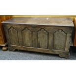 18TH CENTURY JOINED OAK COFFER with four arched panel front, 141cms wide Condition Report: top