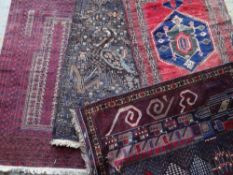 ASSORTED ORIENTAL SMALL TRIBAL RUGS including a Shirargah rug featuring a peacock, two Afghan prayer