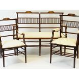 EDWARDIAN MARQUETRY INLAID MAHOGANY PART SALON SUITE comprising settee, two armchairs and five