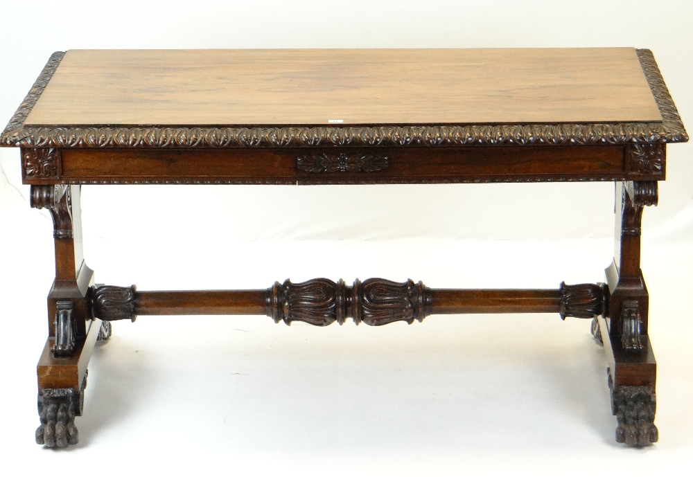 FINE GEORGE IV GILLOWS-STYLE ROSEWOOD CARVED LIBRARY TABLE, bold foliate carved and ebonised edge