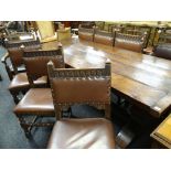 HARLEQUIN SET OF OAK DINING CHAIRS comprising six Caroleon-style back stools and a pair of