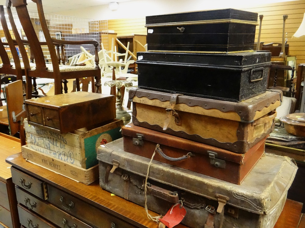 ASSORTED SUITCASES, TIN BOXES & FRUIT CRATES ETC (8)