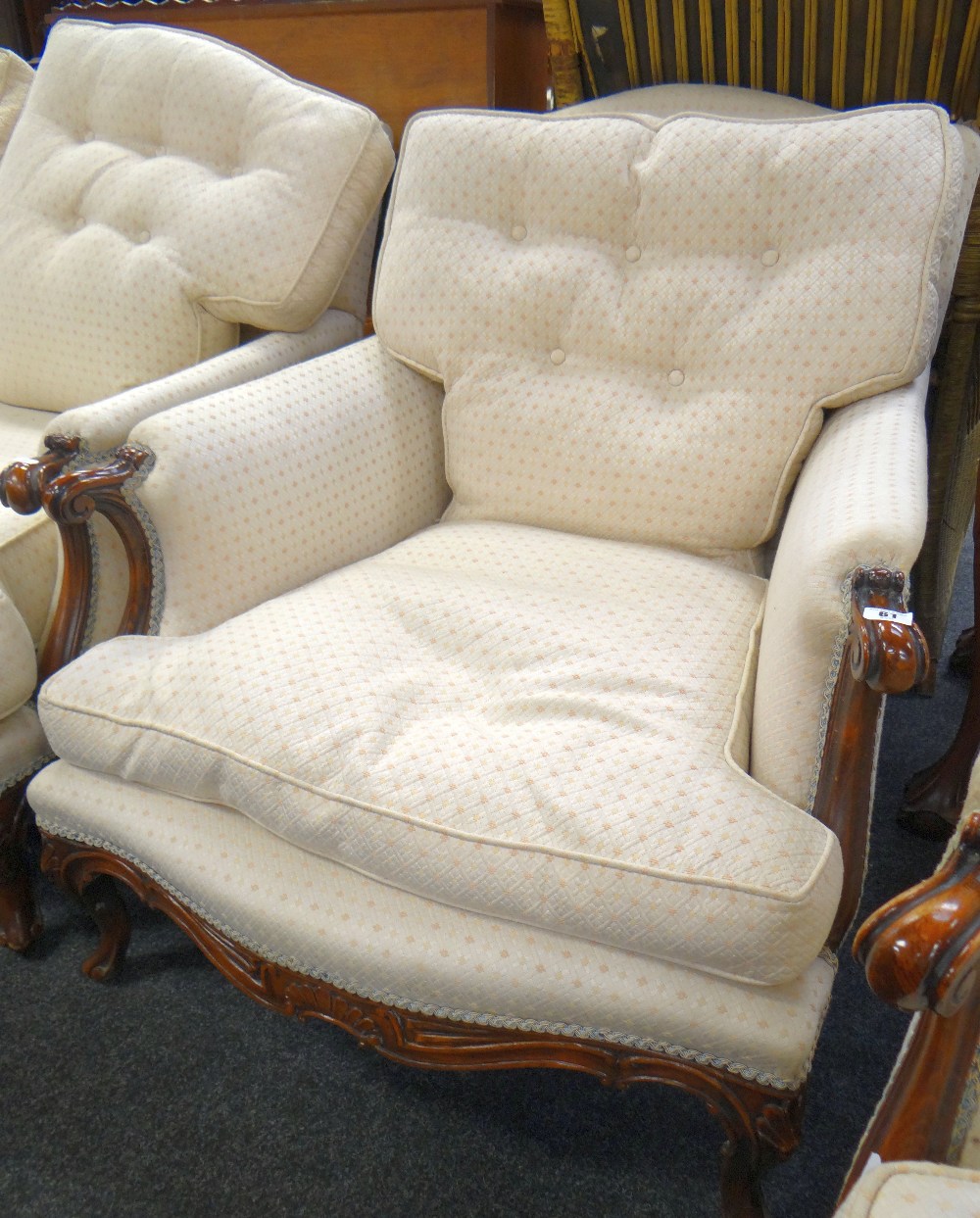 FRENCH LOUIS XV-STYLE WALNUT SALON SUITE comprising two three-seater sofas and a matching armchair - Image 3 of 5