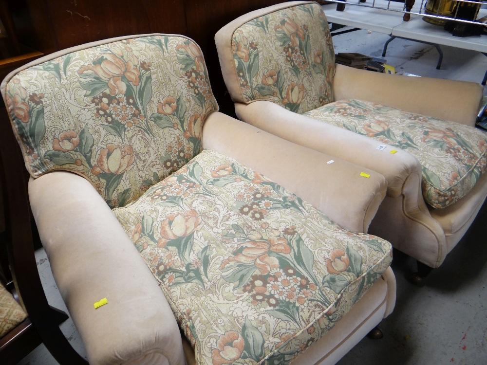 PAIR OF FLORAL UPHOLSTERED SCROLL ARMED EASY CHAIRS