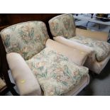 PAIR OF FLORAL UPHOLSTERED SCROLL ARMED EASY CHAIRS
